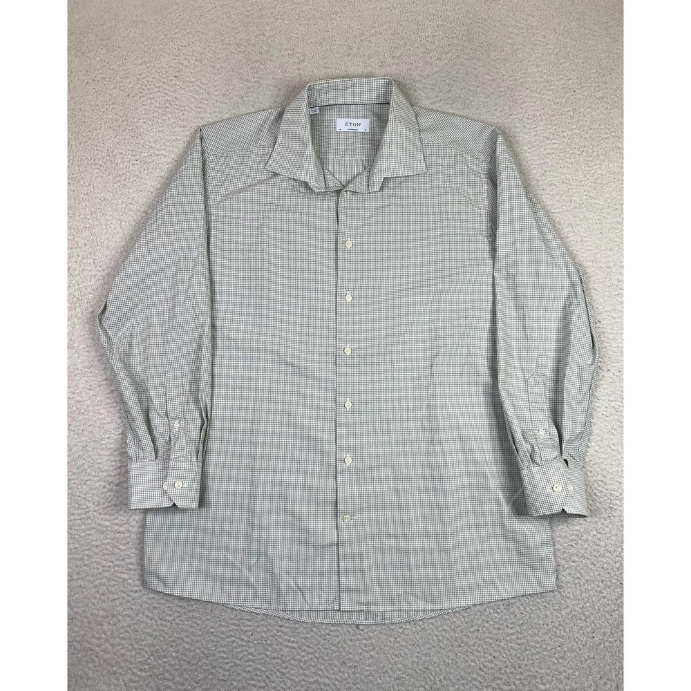 Eton Mens 18 34/35 Green Micro Check Contemporary Fit Cotton Dress Shirt